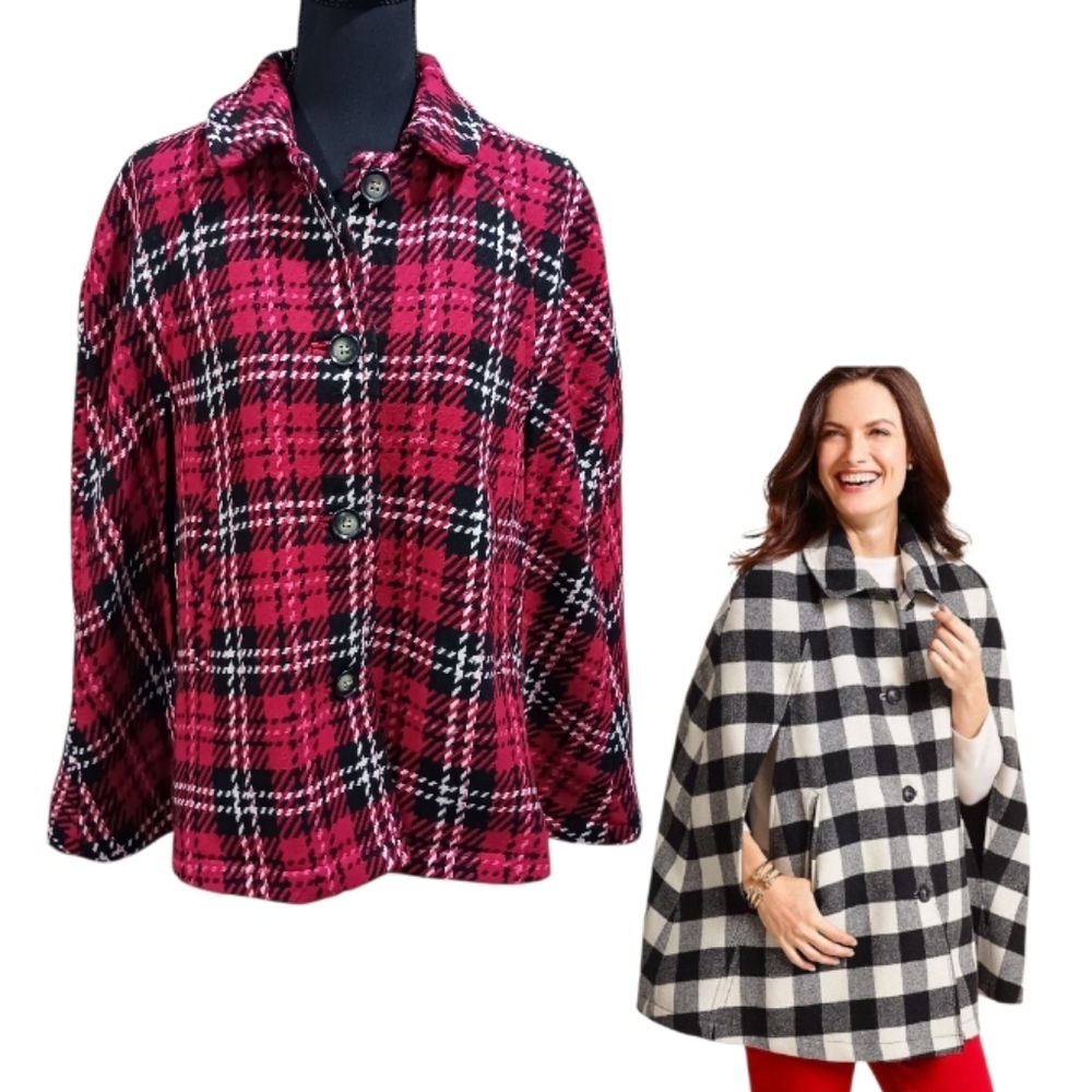 Talbots Poncho Button Front Plaid Cape Jacket - Picture 2 of 10